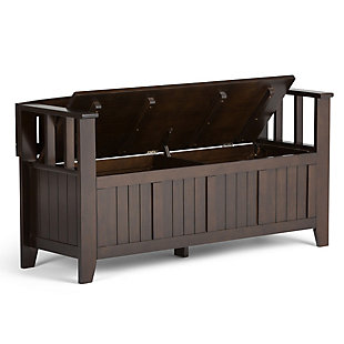 The solid wood Acadian storage bench is designed to make a great first impression. This functional, stylish and durable bench allows you to make a statement while creating added storage and seating for your entryway or mudroom. "Form follows function" design rules apply here as the bench features a convenient flip up lid allowing for easy retrieval of articles from the dual storage compartment below.DIMENSIONS: 17" d x 48" w x 25.6" h | Handcrafted with care using the finest quality solid wood | Hand-finished with a Dark Brunette Brown stain and a protective NC lacquer to accentuate and highlight the grain and the uniqueness of each piece of furniture. | Multipurpose large, spacious entryway bench seats 2 comfortably | Features lift up lid that opens using safety hinges to expose 2 large internal storage compartments | Transitional Style includes distinctive elegantly tapered legs, grooved front panels and ladder style seat back | Assembly Required | We believe in creating excellent, high quality products made from the finest materials at an affordable price. Every one of our products come with a 1-year warranty and easy returns if you are not satisfied.