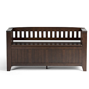 The solid wood Acadian storage bench is designed to make a great first impression. This functional, stylish and durable bench allows you to make a statement while creating added storage and seating for your entryway or mudroom. "Form follows function" design rules apply here as the bench features a convenient flip up lid allowing for easy retrieval of articles from the dual storage compartment below.DIMENSIONS: 17" d x 48" w x 25.6" h | Handcrafted with care using the finest quality solid wood | Hand-finished with a Dark Brunette Brown stain and a protective NC lacquer to accentuate and highlight the grain and the uniqueness of each piece of furniture. | Multipurpose large, spacious entryway bench seats 2 comfortably | Features lift up lid that opens using safety hinges to expose 2 large internal storage compartments | Transitional Style includes distinctive elegantly tapered legs, grooved front panels and ladder style seat back | Assembly Required | We believe in creating excellent, high quality products made from the finest materials at an affordable price. Every one of our products come with a 1-year warranty and easy returns if you are not satisfied.