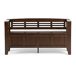 The Adams Storage Bench, using the finest solid wood, is designed to make sure that the entrance to your home is something you can be proud of. This stylish, functional bench makes a design statement while creating added storage and seating for your entryway or mudroom. "Form follows function" design rules apply here as the bench features a convenient flip up lid allowing for easy retrieval of articles from the dual storage compartment below.DIMENSIONS: 17"D x 48"W x 25.2" H | Handcrafted with care using the finest quality solid wood | Hand-finished with a Medium Rustic Brown Stain and a protective NC lacquer to accentuate and highlight the grain and the uniqueness of each piece of furniture | Multipurpose large, spacious entryway bench seats 2 comfortably | Lift up bench lid opens using safety hinges to expose 2 large internal storage compartments | Contemporary style includes classic shaker style front panel and horizontal ladder patterned back. | Assembly Required | We believe in creating excellent, high quality products made from the finest materials at an affordable price. Every one of our products come with a 1-year warranty and easy returns if you are not satisfied.