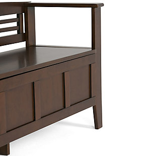 The Adams Storage Bench, using the finest solid wood, is designed to make sure that the entrance to your home is something you can be proud of. This stylish, functional bench makes a design statement while creating added storage and seating for your entryway or mudroom. "Form follows function" design rules apply here as the bench features a convenient flip up lid allowing for easy retrieval of articles from the dual storage compartment below.DIMENSIONS: 17"D x 48"W x 25.2" H | Handcrafted with care using the finest quality solid wood | Hand-finished with a Medium Rustic Brown Stain and a protective NC lacquer to accentuate and highlight the grain and the uniqueness of each piece of furniture | Multipurpose large, spacious entryway bench seats 2 comfortably | Lift up bench lid opens using safety hinges to expose 2 large internal storage compartments | Contemporary style includes classic shaker style front panel and horizontal ladder patterned back. | Assembly Required | We believe in creating excellent, high quality products made from the finest materials at an affordable price. Every one of our products come with a 1-year warranty and easy returns if you are not satisfied.