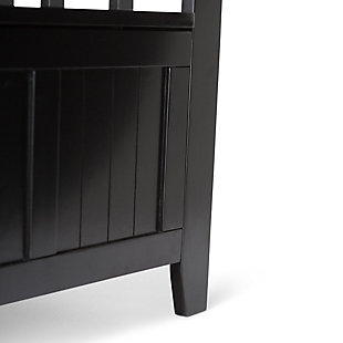 The solid wood Acadian storage bench is designed to make a great first impression. This functional, stylish and durable bench allows you to make a statement while creating added storage and seating for your entryway or mudroom. "Form follows function" design rules apply here as the bench features a convenient flip up lid allowing for easy retrieval of articles from the dual storage compartment below.DIMENSIONS: 17" d x 48" w x 25.6" h | Handcrafted with care using the finest quality solid wood | Hand-finished with a Rich Black Finish and a protective NC lacquer to accentuate and highlight the grain and the uniqueness of each piece of furniture | Multipurpose large, spacious entryway bench seats 2 comfortably | Features lift up lid that opens using safety hinges to expose 2 large internal storage compartments | Transitional Style includes distinctive elegantly tapered legs, grooved front panels and ladder style seat back | Assembly Required | We believe in creating excellent, high quality products made from the finest materials at an affordable price. Every one of our products come with a 1-year warranty and easy returns if you are not satisfied.