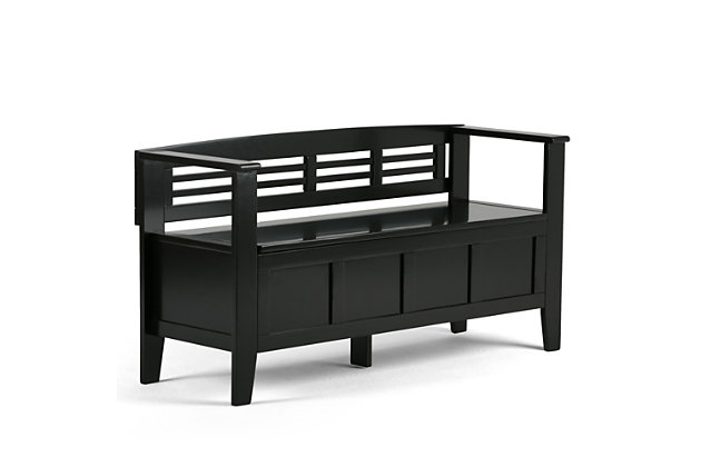 The Adams Storage Bench, using the finest solid wood, is designed to make sure that the entrance to your home is something you can be proud of. This stylish, functional bench makes a design statement while creating added storage and seating for your entryway or mudroom. "Form follows function" design rules apply here as the bench features a convenient flip up lid allowing for easy retrieval of articles from the dual storage compartment belowDIMENSIONS: 17"D x 48"W x 25.2" H | Handcrafted with care using the finest quality solid wood | Hand-finished with a Black finish and a protective NC lacquer to accentuate and highlight the grain and the uniqueness of each piece of furniture. | Multipurpose large, spacious entryway bench seats 2 comfortably | Lift up bench lid opens using safety hinges to expose 2 large internal storage compartments | Contemporary style includes classic shaker style front panel and horizontal ladder patterned back. | Assembly Required | We believe in creating excellent, high quality products made from the finest materials at an affordable price. Every one of our products come with a 1-year warranty and easy returns if you are not satisfied.