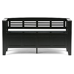 The Adams Storage Bench, using the finest solid wood, is designed to make sure that the entrance to your home is something you can be proud of. This stylish, functional bench makes a design statement while creating added storage and seating for your entryway or mudroom. "Form follows function" design rules apply here as the bench features a convenient flip up lid allowing for easy retrieval of articles from the dual storage compartment belowDIMENSIONS: 17"D x 48"W x 25.2" H | Handcrafted with care using the finest quality solid wood | Hand-finished with a Black finish and a protective NC lacquer to accentuate and highlight the grain and the uniqueness of each piece of furniture. | Multipurpose large, spacious entryway bench seats 2 comfortably | Lift up bench lid opens using safety hinges to expose 2 large internal storage compartments | Contemporary style includes classic shaker style front panel and horizontal ladder patterned back. | Assembly Required | We believe in creating excellent, high quality products made from the finest materials at an affordable price. Every one of our products come with a 1-year warranty and easy returns if you are not satisfied.