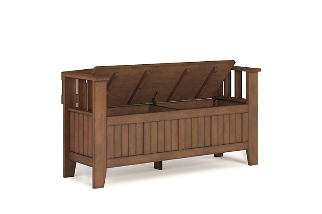 The solid wood Acadian storage bench is designed to make a great first impression. This functional, stylish and durable bench allows you to make a statement while creating added storage and seating for your entryway or mudroom. "Form follows function" design rules apply here as the bench features a convenient flip up lid allowing for easy retrieval of articles from the dual storage compartment below.DIMENSIONS: 17" d x 48" w x 25.6" h | Handcrafted with care using the finest quality solid wood | Hand-finished with a Rustic Natural Aged Brown stain and a protective NC lacquer to accentuate and highlight the grain and the uniqueness of each piece of furniture | Multipurpose large, spacious entryway bench seats 2 comfortably | Features lift up lid that opens using safety hinges to expose 2 large internal storage compartments | Transitional Style includes distinctive elegantly tapered legs, grooved front panels and ladder style seat back | Assembly Required | We believe in creating excellent, high quality products made from the finest materials at an affordable price. Every one of our products come with a 1-year warranty and easy returns if you are not satisfied.