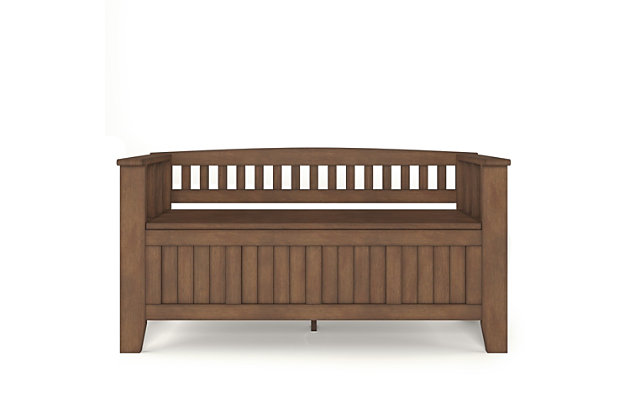 The solid wood Acadian storage bench is designed to make a great first impression. This functional, stylish and durable bench allows you to make a statement while creating added storage and seating for your entryway or mudroom. "Form follows function" design rules apply here as the bench features a convenient flip up lid allowing for easy retrieval of articles from the dual storage compartment below.DIMENSIONS: 17" d x 48" w x 25.6" h | Handcrafted with care using the finest quality solid wood | Hand-finished with a Rustic Natural Aged Brown stain and a protective NC lacquer to accentuate and highlight the grain and the uniqueness of each piece of furniture | Multipurpose large, spacious entryway bench seats 2 comfortably | Features lift up lid that opens using safety hinges to expose 2 large internal storage compartments | Transitional Style includes distinctive elegantly tapered legs, grooved front panels and ladder style seat back | Assembly Required | We believe in creating excellent, high quality products made from the finest materials at an affordable price. Every one of our products come with a 1-year warranty and easy returns if you are not satisfied.