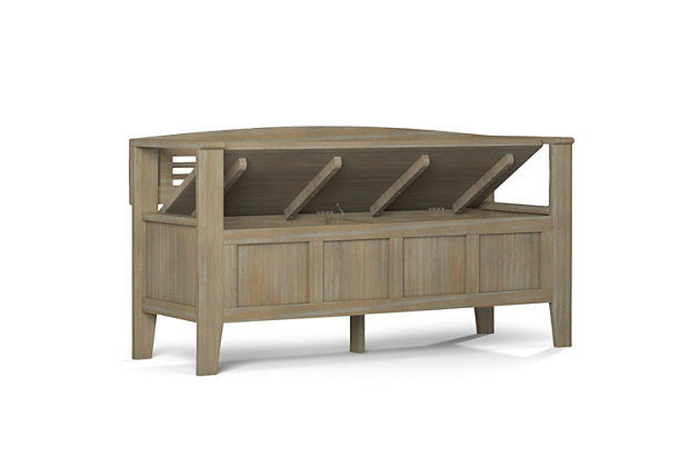 We designed the Adams storage bench, using the finest solid wood, to make sure that the entrance to your home is something you can be proud of. This stylish, functional bench makes a design statement while creating added storage and seating for your entryway or mudroom. "Form follows function" design rules apply here as the bench features a convenient flip up lid allowing for easy retrieval of articles from the dual storage compartment below.DIMENSIONS: 17"D x 48"W x 25.2" H | Handcrafted with care using the finest quality solid wood | Hand-finished in Distressed Grey and a protective NC lacquer to accentuate and highlight the grain and the uniqueness of each piece of furniture | Multipurpose large, spacious entryway bench seats 2 comfortably | Lift up bench lid opens using safety hinges to expose 2 large internal storage compartments | Contemporary style includes classic shaker style front panel and horizontal ladder patterned back. | Assembly Required | We believe in creating excellent, high quality products made from the finest materials at an affordable price. Every one of our products come with a 1-year warranty and easy returns if you are not satisfied.