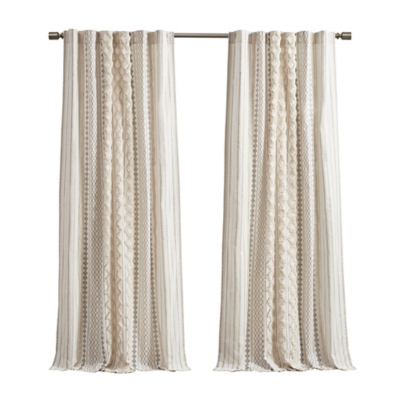 Hills Cotton Printed Curtain Panel with Chenille Stripe and Lining, Ivory