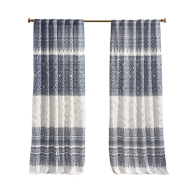 Milly Cotton Printed Curtain Panel with Chenille detail and Lining, Navy