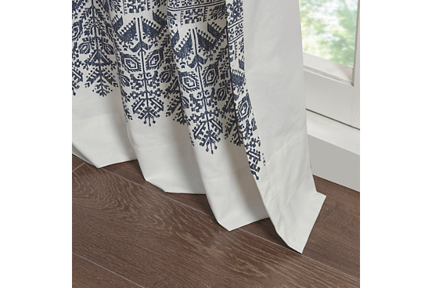 The INK+IVY Mila Cotton Printed Window Panel with Chenille Detail and Lining gives your home decor a chic boho touch. This natural white cotton window panel features an intricate navy global inspired print combined with rich tufted chenille detailing, for a textured artisanal look and feel. A lightweight white cotton lining on the reverse softly filters light, while providing better drapability and added privacy. In addtition, this 100% cotton curtain panel is also OEKO-TEX certified, meaning it does not contain any harmful substances or chemicals for the best in quality comfort and wellness. Each panel is finished with a rod pocket top for easy hanging, and back tabs for a more clean and tailored finish. This window panel is sold as a single and 2 window panels must be purchased to cover any standard size window. Complete the look with coordinating bedding sets, available and sold separately.Imported | 100% cotton printed with chenille tufted detail window curtain panel | Textured artisanal look and feel | Rod pocket and back tab finish | Fits up to 1.25 inches rod in diameter | Added cotton lining for light filtering and more privacy | Oeko-tex certified, includes no harmful substances or chemicals (#19.hin.92128) | Coordinate matching bedding and bath available and sold separately | Need to purchase two panels for each window | Machine wash for easy care