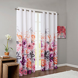 Intelligent Design Olivia blackout panel uses bright colors and an asymmetrical floral design to brighten up your space. Pops of pink, orange, grey, and plum flowers adorn one side of the panel, creating contrast against the white ground for an abstract look. Added foamback lining provides superior room darkening features, added privacy, and energy efficient abilities. Finished with grommet top detail and fits up to a 1.25" diameter rod.Imported | Blackout | Energy efficient | Added privacy | Grommet top | Easy care