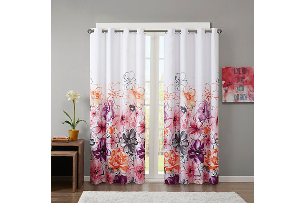 Intelligent Design Olivia blackout panel uses bright colors and an asymmetrical floral design to brighten up your space. Pops of pink, orange, grey, and plum flowers adorn one side of the panel, creating contrast against the white ground for an abstract look. Added foamback lining provides superior room darkening features, added privacy, and energy efficient abilities. Finished with grommet top detail and fits up to a 1.25" diameter rod.Imported | Blackout | Energy efficient | Added privacy | Grommet top | Easy care