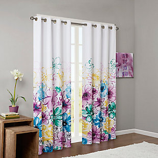 Intelligent Design Olivia blackout panel uses bright colors and an asymmetrical floral design to brighten up your space. Pops of teal, green, fuchsia and yellow flowers adorn one side of the panel, creating contrast against the white ground for an abstract look. Added foamback lining provides superior room darkening features, added privacy, and energy efficient abilities. Finished with grommet top detail and fits up to a 1.25" diameter rod.Imported | Blackout | Energy efficient | Added privacy | Grommet top | Easy care