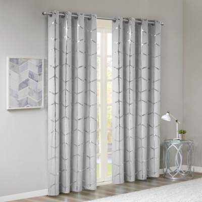 Intelligent Design Raina Metallic Print Total Blackout Grommet Top Curtain Panel, Gray/Silver, large