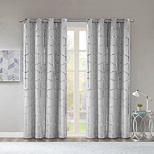 Intelligent Design Raina Metallic Print Total Blackout Grommet Top Curtain Panel, Gray/Silver, large