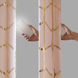 Freshen up your space with the enchanting style of Intelligent Design Raina Window Panel. The stunning panel flaunts a geometric, metallic gold print against a light blush ground for a fun and eye-catching look! Finished with a heavy 3 pass foamback liner, this panel is 100% total blackout providing energy efficiency and added privacy. Grommet top makes this panel easy to hang, open, and close through the day. Machine washable for easy care; complete the collection with coordinating bedding and shower curtain sold separately.Imported | Stylish and practical total blackout curtain panel in metallic print | Energy efficient, block noise intrusion and maximum privacy | Feature 3 pass foamback blackout liner to block sunlight and all lights | Silver grommet top that fits up to 1.25 inches rod in diameter | Need to purchase 2 curtain panels for each window | Machine washable for easy care