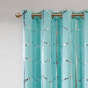 Freshen up your space with the enchanting style of Intelligent Design Raina Window Panel. The stunning panel flaunts a geometric, metallic silver print against a vibrant aqua ground for a fun and eye-catching look! Finished with a heavy 3 pass foamback liner, this panel is 100% total blackout providing energy efficiency and added privacy. Grommet top makes this panel easy to hang, open, and close through the day. Machine washable for easy care; complete the collection with coordinating bedding and shower curtain sold separately.Imported | Stylish and practical total blackout curtain panel in metallic print | Energy efficient, block noise intrusion and maximum privacy | Feature 3 pass foamback blackout liner to block sunlight and all lights | Silver grommet top that fits up to 1.25 inches rod in diameter | Need to purchase 2 curtain panels for each window | Machine washable for easy care