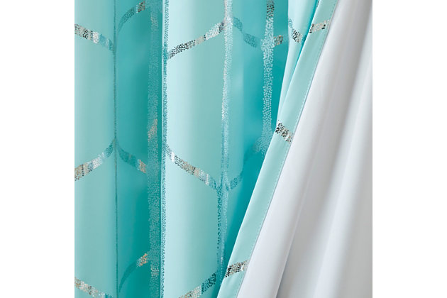 Freshen up your space with the enchanting style of Intelligent Design Raina Window Panel. The stunning panel flaunts a geometric, metallic silver print against a vibrant aqua ground for a fun and eye-catching look! Finished with a heavy 3 pass foamback liner, this panel is 100% total blackout providing energy efficiency and added privacy. Grommet top makes this panel easy to hang, open, and close through the day. Machine washable for easy care; complete the collection with coordinating bedding and shower curtain sold separately.Imported | Stylish and practical total blackout curtain panel in metallic print | Energy efficient, block noise intrusion and maximum privacy | Feature 3 pass foamback blackout liner to block sunlight and all lights | Silver grommet top that fits up to 1.25 inches rod in diameter | Need to purchase 2 curtain panels for each window | Machine washable for easy care