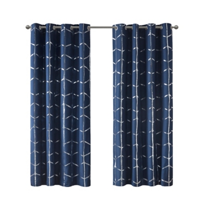 Intelligent Design Raina Metallic Print Total Blackout Grommet Top Curtain Panel, Navy, large