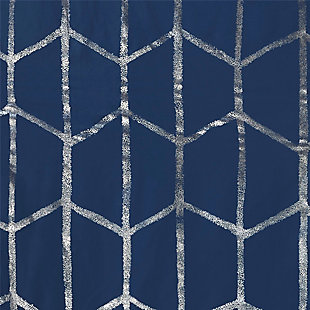 Freshen up your space with the enchanting style of Intelligent Design Raina Window Panel. The stunning panel flaunts a geometric, metallic silver print against a rich navy ground for a fun and eye-catching look! Finished with a heavy 3 pass foamback liner, this thermal panel is 100% total blackout providing energy efficiency and added privacy. Grommet top makes this panel easy to hang, open, and close through the day. Machine washable for easy care; complete the collection with coordinating bedding and shower curtain sold separately.Imported | Stylish and practical total blackout curtain panel in metallic print | Energy efficient, block noise intrusion and maximum privacy | Feature 3 pass foam back blackout liner to block sunlight and all lights | Silver grommet top that fits up to 1.25 inches rod in diameter | Need to purchase 2 curtain panels for each window | Machine washable for easy care