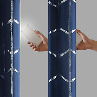 Freshen up your space with the enchanting style of Intelligent Design Raina Window Panel. The stunning panel flaunts a geometric, metallic silver print against a rich navy ground for a fun and eye-catching look! Finished with a heavy 3 pass foamback liner, this thermal panel is 100% total blackout providing energy efficiency and added privacy. Grommet top makes this panel easy to hang, open, and close through the day. Machine washable for easy care; complete the collection with coordinating bedding and shower curtain sold separately.Imported | Stylish and practical total blackout curtain panel in metallic print | Energy efficient, block noise intrusion and maximum privacy | Feature 3 pass foam back blackout liner to block sunlight and all lights | Silver grommet top that fits up to 1.25 inches rod in diameter | Need to purchase 2 curtain panels for each window | Machine washable for easy care