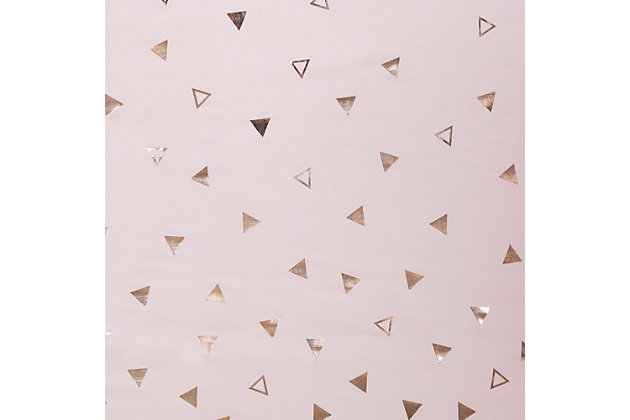Add some shimmer and shine to your space with our Intelligent Design Zoey Metallic Triangle Printed Total Blackout Window Panel. Made from ultra-soft microfiber, this blush curtain features an ombre silver triangle pattern from the bottom up for a fun and modern touch of glam. Finished with a heavy 3 pass foamback liner, this panel is 100% total blackout for a maximum barrier against all exterior light and noise intrusion for the utmost privacy, while the thermal technology provides energy efficiency. Achieving the Oeko-Tex certification means this window panel does not contain any harmful substances or chemicals, ensuring quality comfort and wellness. Grommet top makes this panel easy to hang, open, and close through the day; fits up to a standard 1.25" diameter rod. Machine washable for easy care; complete the collection with coordinating bedding and shower curtain sold separately.Imported | Stylish and practical total blackout curtain panel in metallic print | Feature 3 pass foamback blackout liner using thermal technology to block out all light | Energy efficient, maximum barriers to help block noise intrusion and provide highest level of privacy | Silver grommet top that fits up to 1.25 inches rod in diameter | Oeko-tex certified, includes no harmful substances or chemicals (# sh025 161520) | As shown in image - need to purchase 2 curtain panels for each window for standard coverage | Machine washable for easy care