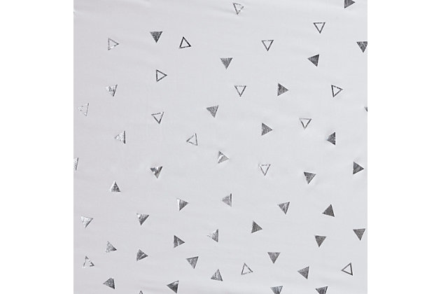 Add some shimmer and shine to your space with our Intelligent Design Zoey Metallic Triangle Printed Total Blackout Window Panel. Made from ultra-soft microfiber, this grey curtain features an ombre silver triangle pattern from the bottom up for a fun and modern touch of glam. Finished with a heavy 3 pass foamback liner, this panel is 100% total blackout for a maximum barrier against all exterior light and noise intrusion for the utmost privacy, while the thermal technology provides energy efficiency. Achieving the Oeko-Tex certification means this window panel does not contain any harmful substances or chemicals, ensuring quality comfort and wellness. Grommet top makes this panel easy to hang, open, and close through the day; fits up to a standard 1.25" diameter rod. Machine washable for easy care; complete the collection with coordinating bedding and shower curtain sold separately.Imported | Stylish and practical total blackout curtain panel in metallic print | Feature 3 pass foamback blackout liner using thermal technology to block out all light | Energy efficient, maximum barriers to help block noise intrusion and provide highest level of privacy | Silver grommet top that fits up to 1.25 inches rod in diameter | Oeko-tex certified, includes no harmful substances or chemicals (# sh025 161520) | As shown in image - need to purchase 2 curtain panels for each window for standard coverage | Machine washable for easy care