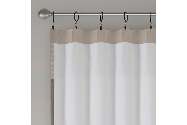 Madison Park Amherst Polyoni Pintuck Window Curtain is a simple way to add style to your room. This window panel features a modern striped design in natural hues of ivory, taupe, and mocha combined with pintuck detailing for beautiful texture and dimension. The added lining helps filter the perfect amount of light and creates fullness for better drapability. Simply hang using rod pocket or with back tabs for a tailored look. This window curtain fits up to a 1.25" diameter rod.Imported | Transitional pintucking window panel | Back tab or rod pocket to hang | Pieced in colorblock polyoni with pintucking | Lined for more privacy | Light sheen fabric | As shown in image - need to purchase 2 curtain panels for each window for standard coverage | Machine washable
