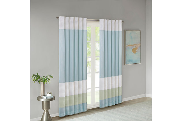 Madison Park Amherst Polyoni Pintuck Window Curtain is a simple way to add style to your room. This window panel features a modern striped design in soft hues of green, aqua, and ivory combined with pintuck detailing for beautiful texture and dimension. The added lining helps filter the perfect amount of light and creates fullness for better drapability. Simply hang using rod pocket or with back tabs for a tailored look. This window curtain fits up to a 1.25" diameter rod.Imported | Transitional pintucking window panel | Back tab or rod pocket to hang | Pieced in colorblock polyoni with pintucking | Lined for more privacy | Light sheen fabric | As shown in image - need to purchase 2 curtain panels for each window for standard coverage | Machine washable