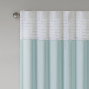 Madison Park Amherst Polyoni Pintuck Window Curtain is a simple way to add style to your room. This window panel features a modern striped design in soft hues of green, aqua, and ivory combined with pintuck detailing for beautiful texture and dimension. The added lining helps filter the perfect amount of light and creates fullness for better drapability. Simply hang using rod pocket or with back tabs for a tailored look. This window curtain fits up to a 1.25" diameter rod.Imported | Transitional pintucking window panel | Back tab or rod pocket to hang | Pieced in colorblock polyoni with pintucking | Lined for more privacy | Light sheen fabric | As shown in image - need to purchase 2 curtain panels for each window for standard coverage | Machine washable