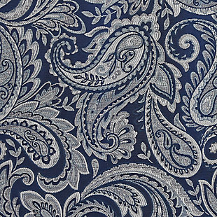 For a luxuriously classic style, our Madison Park Aubrey Window Curtain Pair is the perfect touch to your decor. The alluring jacquard weave is inspired from an updated paisley motif and is woven in beautiful hues of navy, ivory, and a hint of silver for a shimmering accent. The window panels are pieced with solid faux silk and beautiful flat piping details in gold, creating an elegant look. Simply hang on rod pocket or back tabs for a tailored finish; fits up to a 1.25 diameter rod.Imported | 100% polyester panel pair | Faux silk light sheen base fabric for light filtering | Paisley jacquard weave design curtains | Rod pocket and back tabs top finish with pieced and piping details | Machine wash for easy care