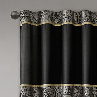 For a luxuriously classic style, our Madison Park Aubrey Window Curtain Pair is the perfect touch to your decor. The alluring jacquard weave is inspired from an updated paisley motif and is woven in beautiful hues of black, gold, and a hint of platinum for a shimmering accent. The window panels are pieced with solid faux silk and beautiful flat piping details in gold, creating an elegant look. Simply hang on rod pocket or back tabs for a tailored finish; fits up to a 1.25 diameter rod.Imported | 100% polyester panel pair | Faux silk light sheen base fabric for light filtering | Paisley jacquard weave design curtains | Rod pocket and back tabs top finish with pieced and piping details | Machine wash for easy care