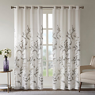 Transform any room with the beauty of our Madison Park Cecily Printed Window Panel. The gorgeous panel flaunts a stunning allover grey botanical design burned out for a dimensional and fresh update. Finished with silver grommet tops for easy hanging, this panel revitalizes your décor with its alluring design and modern color scheme. This window panel is also OEKO-TEX certified, meaning it does not contain any harmful substances or chemicals, ensuring quality comfort and wellness.Imported | Modern contemporary botanical print burnout curtains | Window panel dimension 50"x84", need 2 per window | Lightweight semi sheer base | Grommet top finish fits up to 1.25" diameter rod | Oeko-tex certified, includes no harmful substances or chemicals (# 19.hcn.69752) | Coordinating shower curtain available and sold separately | Machine washable