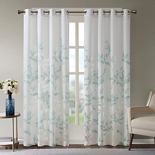 Transform any room with the beauty of our Madison Park Cecily Printed Window Panel. The gorgeous panel flaunts a stunning allover aqua botanical design burned out for a dimensional and fresh update. Finished with silver grommet tops for easy hanging, this panel revitalizes your décor with its alluring design and modern color scheme. This window panel is also OEKO-TEX certified, meaning it does not contain any harmful substances or chemicals, ensuring quality comfort and wellness.Imported | Modern contemporary botanical print burnout curtains | Window panel dimension 50"x84", need 2 per window | Lightweight semi sheer base | Grommet top finish fits up to 1.25" diameter rod | Oeko-tex certified, includes no harmful substances or chemicals (# 19.hcn.69752) | Coordinating shower curtain available and sold separately | Machine washable