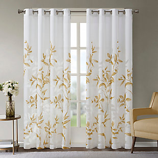 Transform any room with the beauty of our Madison Park Cecily Printed Window Panel. The gorgeous panel flaunts a stunning allover yellow botanical design burned out for a dimensional and fresh update. Finished with silver grommet tops for easy hanging, this panel revitalizes your décor with its alluring design and modern color scheme. This window panel is also OEKO-TEX certified, meaning it does not contain any harmful substances or chemicals, ensuring quality comfort and wellness.Imported | Modern contemporary botanical print burnout curtains | Window panel dimension 50"x84", need 2 per window | Lightweight semi sheer base | Grommet top finish fits up to 1.25" diameter rod | Oeko-tex certified, includes no harmful substances or chemicals (# 19.hcn.69752) | Coordinating shower curtain available and sold separately | Machine washable