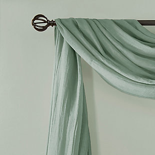 Soften the edges of your window, with our Madison Park Harper Solid Crushed Sheer Scarf. This dusty aqua scarf features crushed detailing for beautiful texture, while the lightweight sheer fabric provides easy draping and an airy touch to your decor. Four tabs are also included to make the DIY assembly easy so you can drape the scarf to best fit your window. For a complete look, layer this scarf with coordinating panels or prints in our collection for a more custom appeal.Imported | Comes with 4 tabs for easy assembly | Coordinate with window panel for complete look | Diy and drape to best fit your window | Lightweight sheer crushed fabric for texture | Layer for custom look