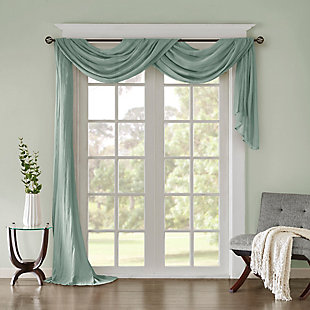 Soften the edges of your window, with our Madison Park Harper Solid Crushed Sheer Scarf. This dusty aqua scarf features crushed detailing for beautiful texture, while the lightweight sheer fabric provides easy draping and an airy touch to your decor. Four tabs are also included to make the DIY assembly easy so you can drape the scarf to best fit your window. For a complete look, layer this scarf with coordinating panels or prints in our collection for a more custom appeal.Imported | Comes with 4 tabs for easy assembly | Coordinate with window panel for complete look | Diy and drape to best fit your window | Lightweight sheer crushed fabric for texture | Layer for custom look