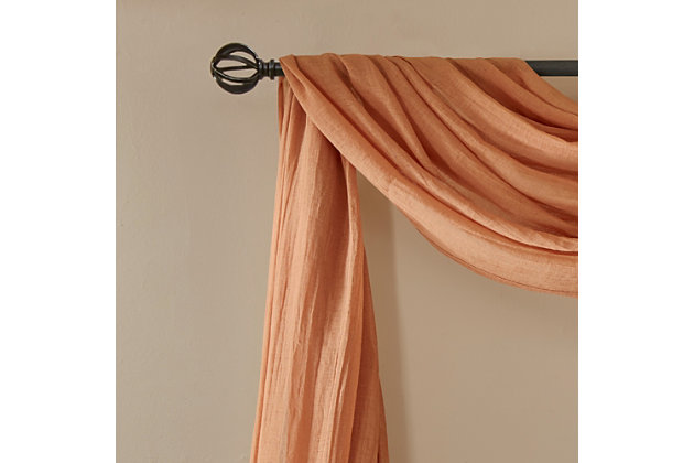 Soften the edges of your window, with our Madison Park Harper Solid Crushed Sheer Scarf. This light spice scarf features crushed detailing for beautiful texture, while the lightweight sheer fabric provides easy draping and an airy touch to your decor. Four tabs are also included to make the DIY assembly easy so you can drape the scarf to best fit your window. For a complete look, layer this scarf with coordinating panels or prints in our collection for a more custom appeal.Imported | Comes with 4 tabs for easy assembly | Coordinate with window panel for complete look | Diy and drape to best fit your window | Lightweight sheer crushed fabric for texture | Layer for custom look