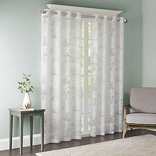 Madison Park Leilani Palm Leaf Sheer Window Curtain, White, rollover