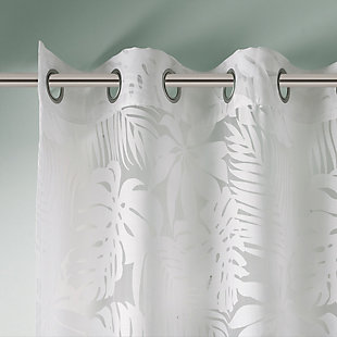Bring a touch of paradise into your home, with our Madison Park Leilani Palm Leaf Sheer Window Curtain. This panel combines an intricate burnout palm leaf design on a lightweight white sheer, creating soft dimension for a relaxed and updated look. The silver grommet top finish makes this window curtain easier to hang, open, and close throughout the day. Fits up to a 1.25" diameter rod.Imported | All over burnout palm design | Lightweight sheer base fabric | Silver grrommet top finish