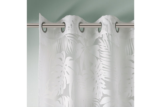 Bring a touch of paradise into your home, with our Madison Park Leilani Palm Leaf Sheer Window Curtain. This panel combines an intricate burnout palm leaf design on a lightweight white sheer, creating soft dimension for a relaxed and updated look. The silver grommet top finish makes this window curtain easier to hang, open, and close throughout the day. Fits up to a 1.25" diameter rod.Imported | All over burnout palm design | Lightweight sheer base fabric | Silver grrommet top finish