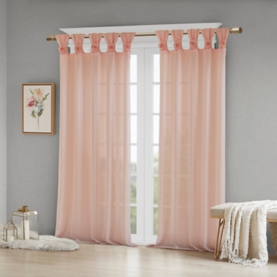 Bloom Floral Embellished Cuff Tab Top Solid Curtain Panel, Blush