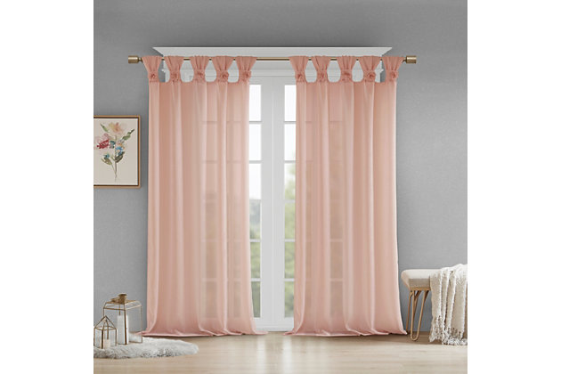Simple and feminine in all the right ways, Madison Park Rosette Tab Top Solid Window Panel Embellished with Flower  offers a gorgeous one-of-a-kind look to your home. This soft blush panel features a tab top finish and beautiful removable floral pins that give your room a decorator’s touch. The lightweight faux linen semi-sheer fabric filters the perfect amount of light into your home,  while creating a soft airy feel - for the perfect shabby chic update to your decor. Window panel is machine washable for easy care, while floral pins are spot clean only. Fits up to a 2" diameter rod.Imported | Tab top curtains that can fit up to 2"" diameter rod | Removable floral pins for decorators touch | Lightweight faux linen sheer base for natural look and feel | Shabby chic home decor | Available in 63, 84 or 95 inches in length curtain panel | Need to buy 2 panels for each window | Machine washable for easy care - remove all flowers before machine washing