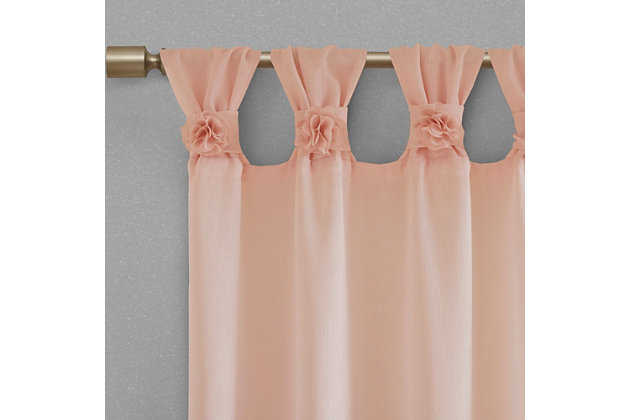 Simple and feminine in all the right ways, Madison Park Rosette Tab Top Solid Window Panel Embellished with Flower  offers a gorgeous one-of-a-kind look to your home. This soft blush panel features a tab top finish and beautiful removable floral pins that give your room a decorator’s touch. The lightweight faux linen semi-sheer fabric filters the perfect amount of light into your home,  while creating a soft airy feel - for the perfect shabby chic update to your decor. Window panel is machine washable for easy care, while floral pins are spot clean only. Fits up to a 2" diameter rod.Imported | Tab top curtains that can fit up to 2"" diameter rod | Removable floral pins for decorators touch | Lightweight faux linen sheer base for natural look and feel | Shabby chic home decor | Available in 63, 84 or 95 inches in length curtain panel | Need to buy 2 panels for each window | Machine washable for easy care - remove all flowers before machine washing