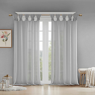 Simple and feminine in all the right ways, Madison Park Rosette Tab Top Solid Window Panel Embellished with Flower offers a gorgeous one-of-a-kind look to your home. This soft grey panel features a tab top finish and beautiful removable floral pins that give your room a decorator’s touch. The lightweight faux linen semi-sheer fabric filters the perfect amount of light into your home,  while creating a soft airy feel - for the perfect shabby chic update to your decor. Window panel is machine washable for easy care, while floral pins are spot clean only. Fits up to a 2" diameter rod.Imported | Tab top curtains that can fit up to 2"" diameter rod | Removable floral pins for decorators touch | Lightweight faux linen sheer base for natural look and feel | Shabby chic home decor | Available in 63, 84 or 95 inches in length curtain panel | Need to buy 2 panels for each window | Machine washable for easy care - remove all flowers before machine washing