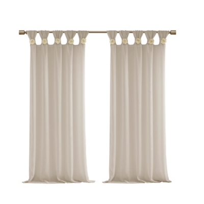 Bloom Floral Embellished Cuff Tab Top Solid Curtain Panel, Linen