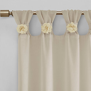 Simple and feminine in all the right ways, Madison Park Rosette Tab Top Solid Window Panel Embellished with Flower offers a gorgeous one-of-a-kind look to your home. This natural linen color panel features a tab top finish and beautiful removable floral pins that give your room a decorator’s touch. The lightweight faux linen semi-sheer fabric filters the perfect amount of light into your home,  while creating a soft airy feel - for the perfect shabby chic update to your decor. Window panel is machine washable for easy care, while removable floral pins are spot clean only. Fits up to a 2" diameter rod.Imported | Tab top curtains that can fit up to 2" diameter rod | Removable floral pins for decorators touch | Lightweight faux linen sheer base for natural look and feel | Shabby chic home decor | Available in 63, 84 or 95 inches in length curtain panel | Need to buy 2 panels for each window | Machine washable for easy care - remove all flowers before machine washing