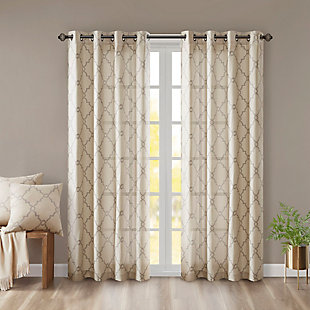 For a casual and stylish update, our Madison Park Saratoga Fret Print Window Curtain is the perfect addition to any decor. This window panel features a trendy soft grey fretwork on a light beige ground, creating a simple yet modern look. The cotton blend basket weave fabric softly filters the perfect amount of sunlight into your home, while providing texture for natural appeal. Silver grommet top detail makes this panel easy to hang, open, and close throughout the day. Fits up to a 1.25" diameter rod.Imported | Scroll geometric fretwork print design window curtain panel in grommet top | Print detailing on cotton blend basketweave fabric | Silver grommet top finish | Opaque curtain that offers privacy | Machine washable