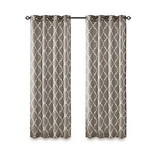 Madison Park Saratoga Fretwork Print Grommet Top Window Curtain, Gray, rollover