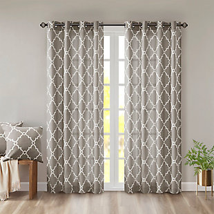 Madison Park Saratoga Fretwork Print Grommet Top Window Curtain, Gray, large