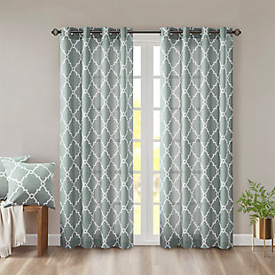 For a casual and stylish update, our Madison Park Saratoga Fret Print Window Curtain is the perfect addition to any decor. This window panel features a trendy light beige fretwork on a seafoam ground, creating a simple yet modern look. The cotton blend basket weave fabric softly filters the perfect amount of sunlight into your home, while providing texture for natural appeal. Silver grommet top detail makes this panel easy to hang, open, and close throughout the day. Fits up to a 1.25" diameter rod.Imported | Scroll geometric fretwork print design window curtain panel in grommet top | Print detailing on cotton blend basketweave fabric | Silver grommet top finish | Opaque curtain that offers privacy | Machine washable
